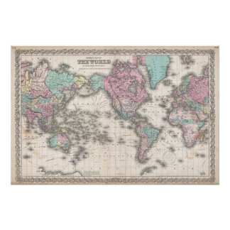 1855年 コルトン 世界地図 メルカトル図法 ポスター