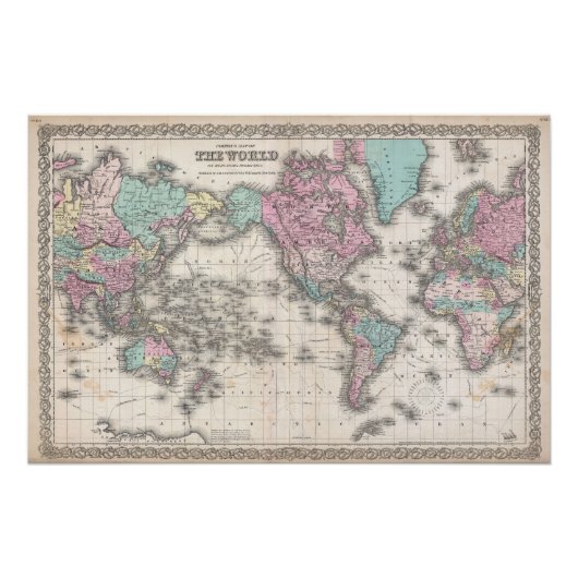 1855年 コルトン 世界地図 メルカトル図法 ポスター (正面)