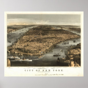 1856年のニューヨークシティNYの鳥目眺めのパノラマ式の地図 ポスター