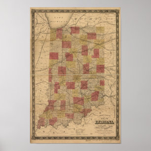 1858年のレールと町を描いたインディアナの地図 ポスター