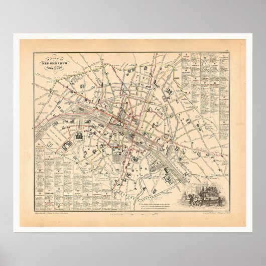 1858年の地図:オムニバスダンスパリフランスの旅程 ポスター (正面)