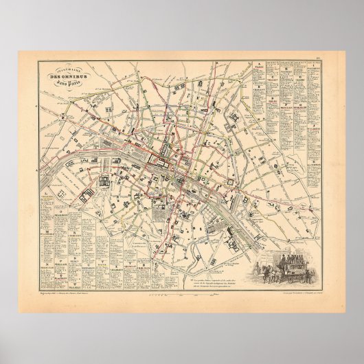 1858年の地図:オムニバスダンスパリフランスの旅程 ポスター (正面)