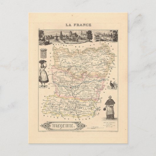 1858年フランスのメイエン県の地図 ポストカード (正面)