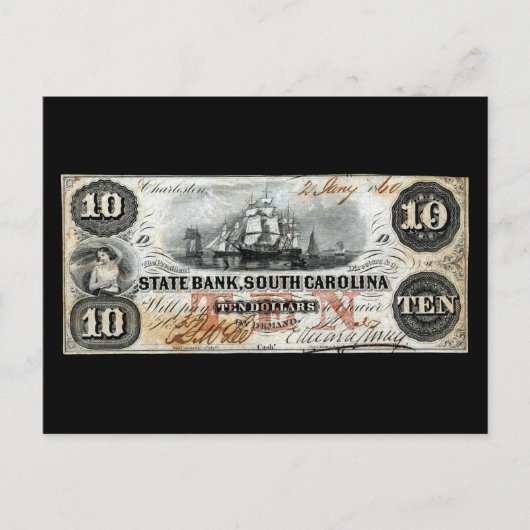 1860サウスカロライナ10ドル紙幣 ポストカード (正面)