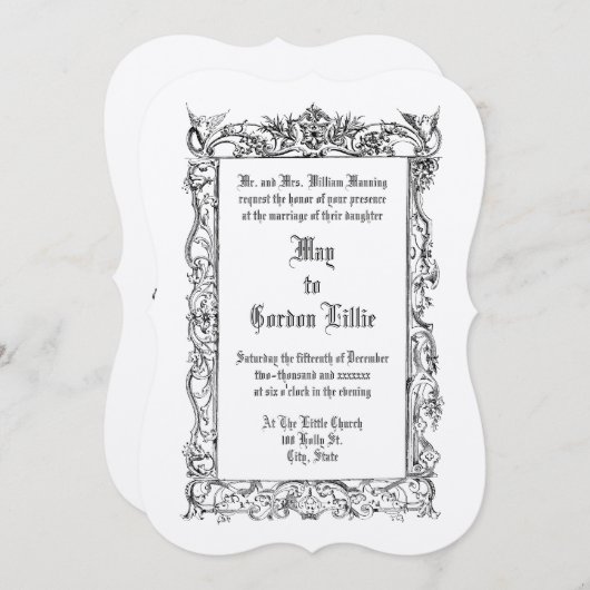 1860ビクトリアン年のフローラ縁どに結婚乗る 招待状 (正面/裏面)