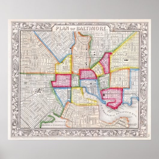 1860年 ボルチモアのビンテージ地図 ポスター (正面)