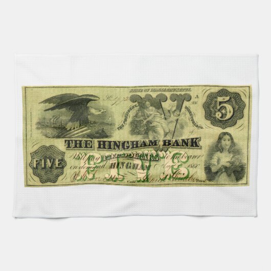 1860 Hingham Massachusetts 5ドル紙幣 キッチンタオル (横)