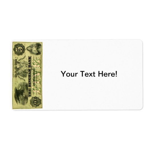 1860 Hingham Massachusetts 5ドル紙幣 ラベル (正面)