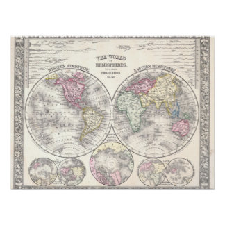 1864年ミッチェルによる半球図法の世界地図 ポスター