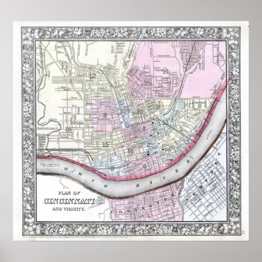 1864年製シンシナティの古地図 ポスター (正面)
