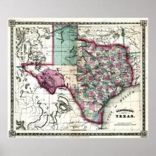 1866年の古いテキサス州の地図 ポスター
