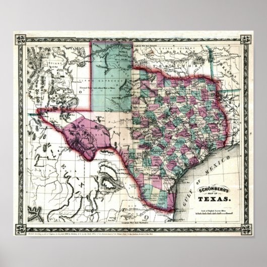 1866年テキサス州の古物地図シェンベルク&コ ポスター (正面)