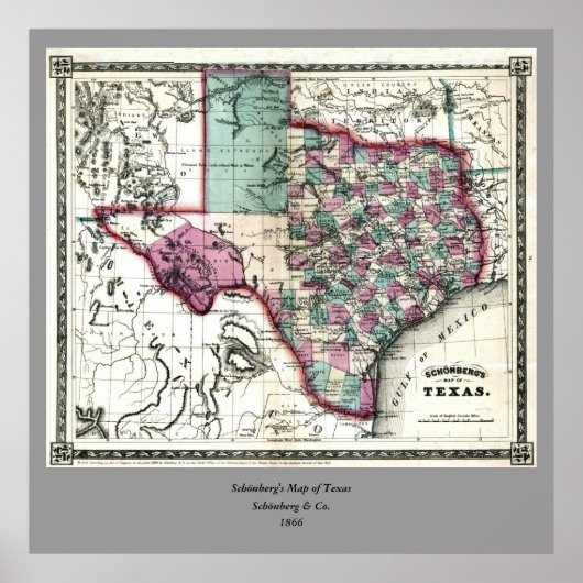 1866年テキサス州の古物地図シェンベルク&コ ポスター (正面)