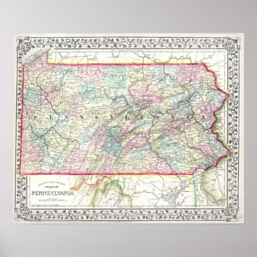 1867年のペンシルベニア州の古地図 ポスター (正面)