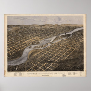 1867年のミネアポリス及びセントポールのMNのパノラマ式の地図 ポスター