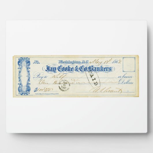 1867年5月17日からユリシーズS.グラント署名小切手 フォトプラーク (正面)