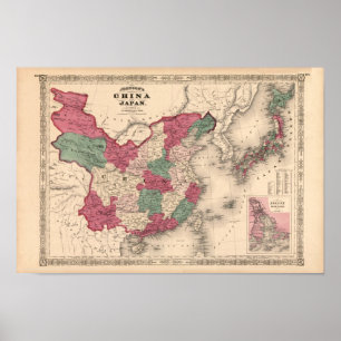 1868地図-ジョンソンの中国および日本 ポスター