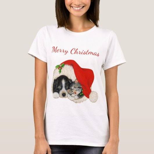 186.ワンちゃんと子猫メリークリスマスシャツ Tシャツ (正面)