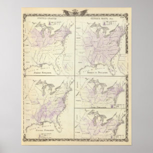 1870の米国の人口調査の地図 ポスター