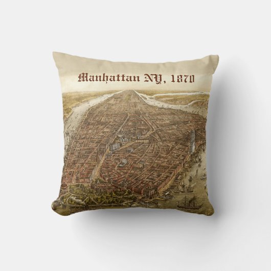 1870年のマンハッタンニューヨークシティヴィンテージの古い地図 クッション (正面)