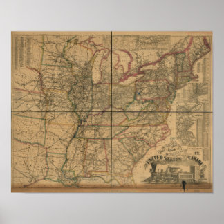 1871年アメリカ・カナダの鉄道と距離地図 ポスター