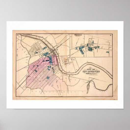 1872 REPROヴィンテージマップニューブランズウィック，プリンストンNJ ポスター (正面)