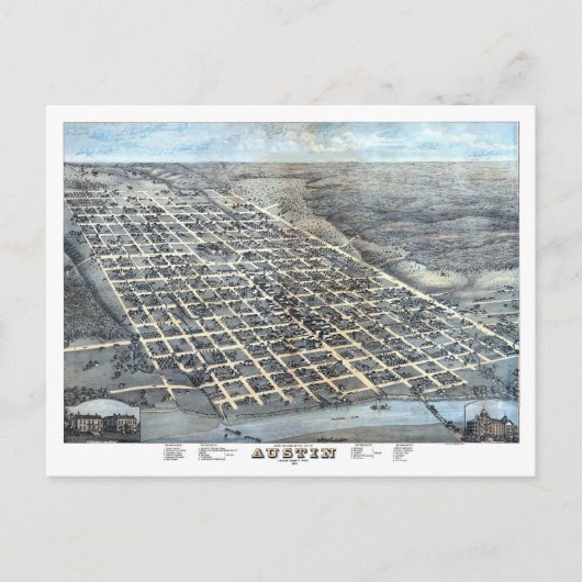 1873年のテキサス州オースティン古地図（空中図） ポストカード (正面)