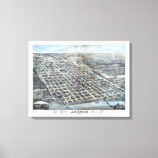 1873年テキサス州オースティン 古地図 空中写真 キャンバスプリント (正面)