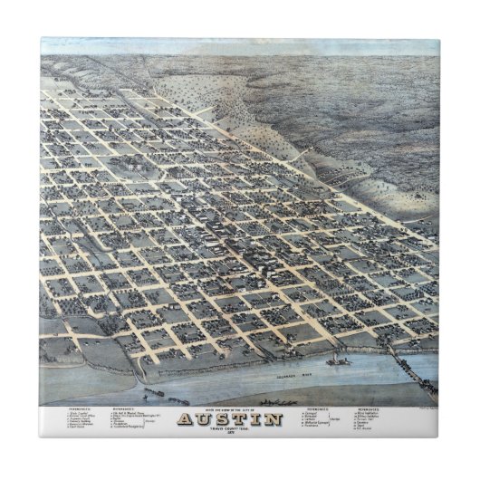 1873年テキサス州オースティン 古地図 空中写真 タイル (正面)