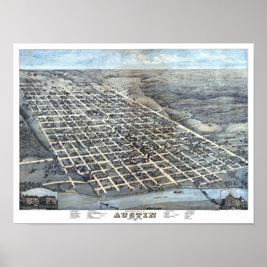 1873年テキサス州オースティン 古地図 空撮図 ポスター (正面)