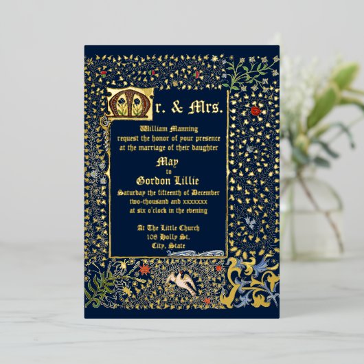 1873年ビクトリアン中世スタイル結婚時代 箔招待状 (立ち正面)