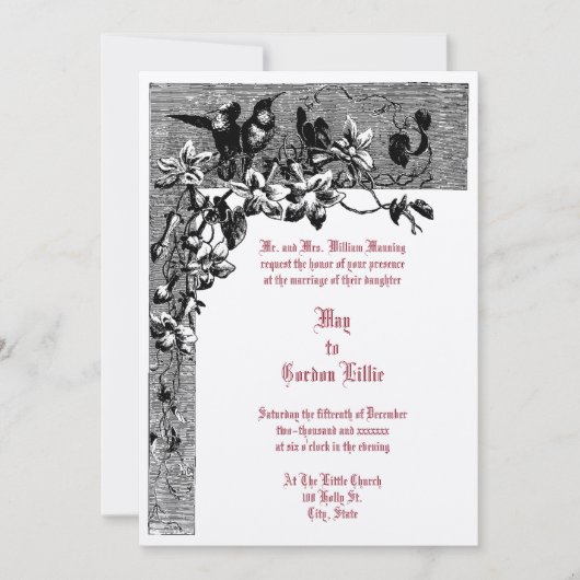 1874ビクトリアン年ハミングバードペアフローラ結婚ズ 招待状 (正面)