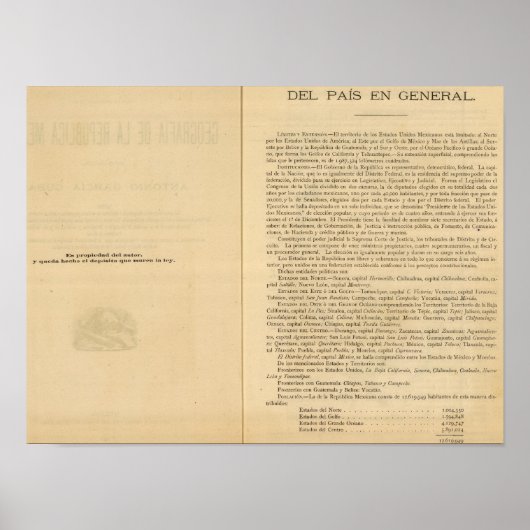 1874年メキシコ地図帳のタイトルページ ポスター (正面)