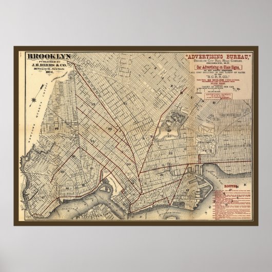 1874 Brooklyn City Railroad Company Route Map ポスター (正面)