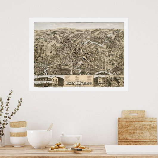 1875年のミサ州タウントンのヴィンテージの地図 ポスター (キッチン)