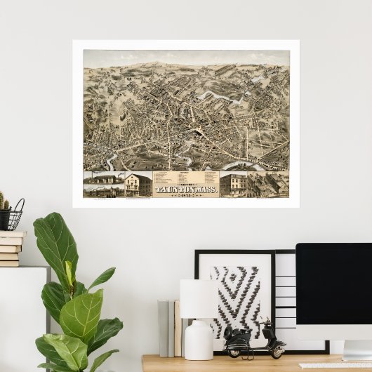 1875年のミサ州タウントンのヴィンテージの地図 ポスター (ホームオフィス)