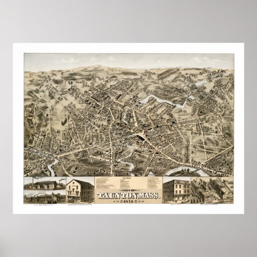 1875年のミサ州タウントンのヴィンテージの地図 ポスター (正面)