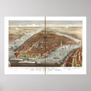1876年のニューヨークシティNYの鳥目眺めのパノラマ式の地図 ポスター