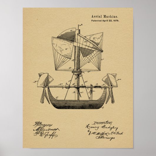 1879 年飛行船航空機特許図面プリント ポスター (正面)