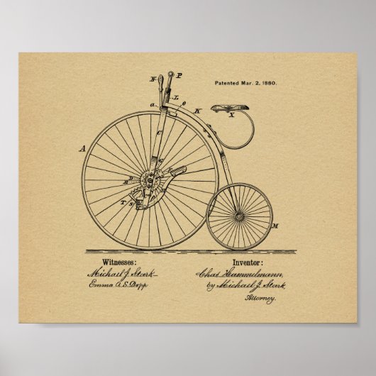 1880ヴィンテージハイホイーラー自転車特許プリント ポスター (正面)