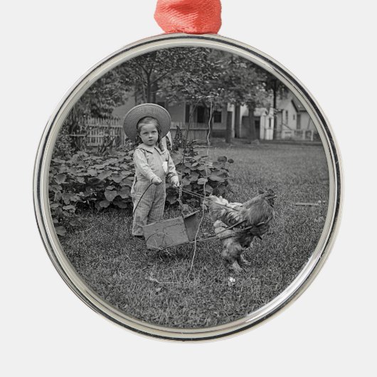 1880年代の愛らしい少女とオンドリのカートinガーデン メタルオーナメント (正面)