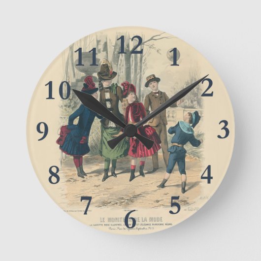 1880年代 ビクトリア時代の子供たちのボール遊び 冬 ラウンド壁時計 (正面)