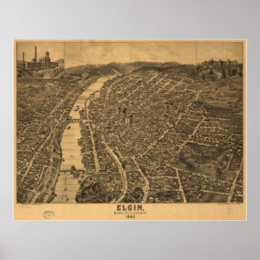1880 Elgin, IL Bird's-eye viewパノラママップ ポスター (正面)