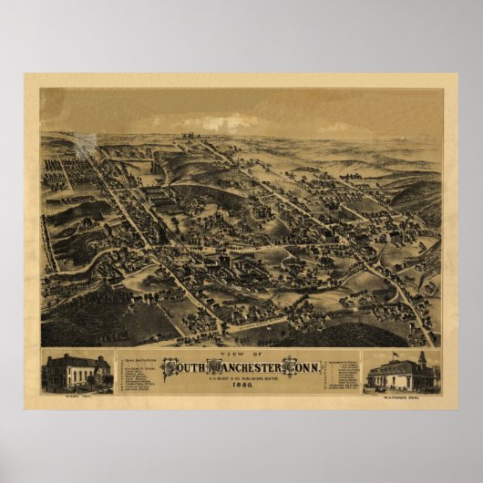 1880 South Manchester CTバードアイパノラママップ ポスター (正面)