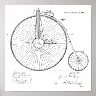 1881ヴィンテージハイホイーラー自転車特許プリント ポスター