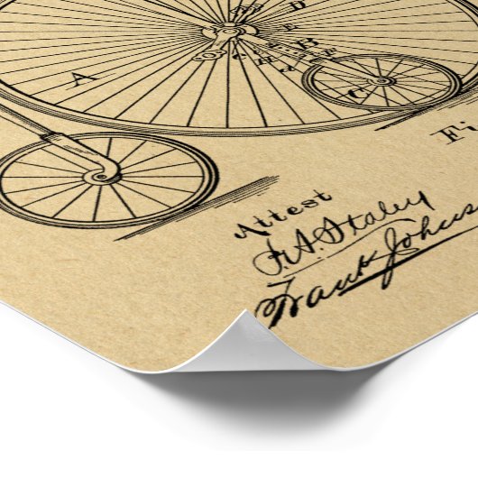 1882ヴィンテージハイホイーラー自転車特許プリント ポスター (角)