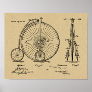 1882ヴィンテージハイホイーラー自転車特許プリント ポスター