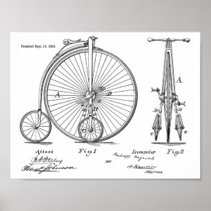 1882ヴィンテージハイホイーラー自転車特許プリント ポスター