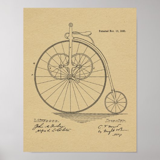 1883ヴィンテージハイホイーラー自転車特許プリント ポスター (正面)