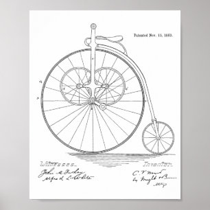 1883ヴィンテージハイホイーラー自転車特許プリント ポスター